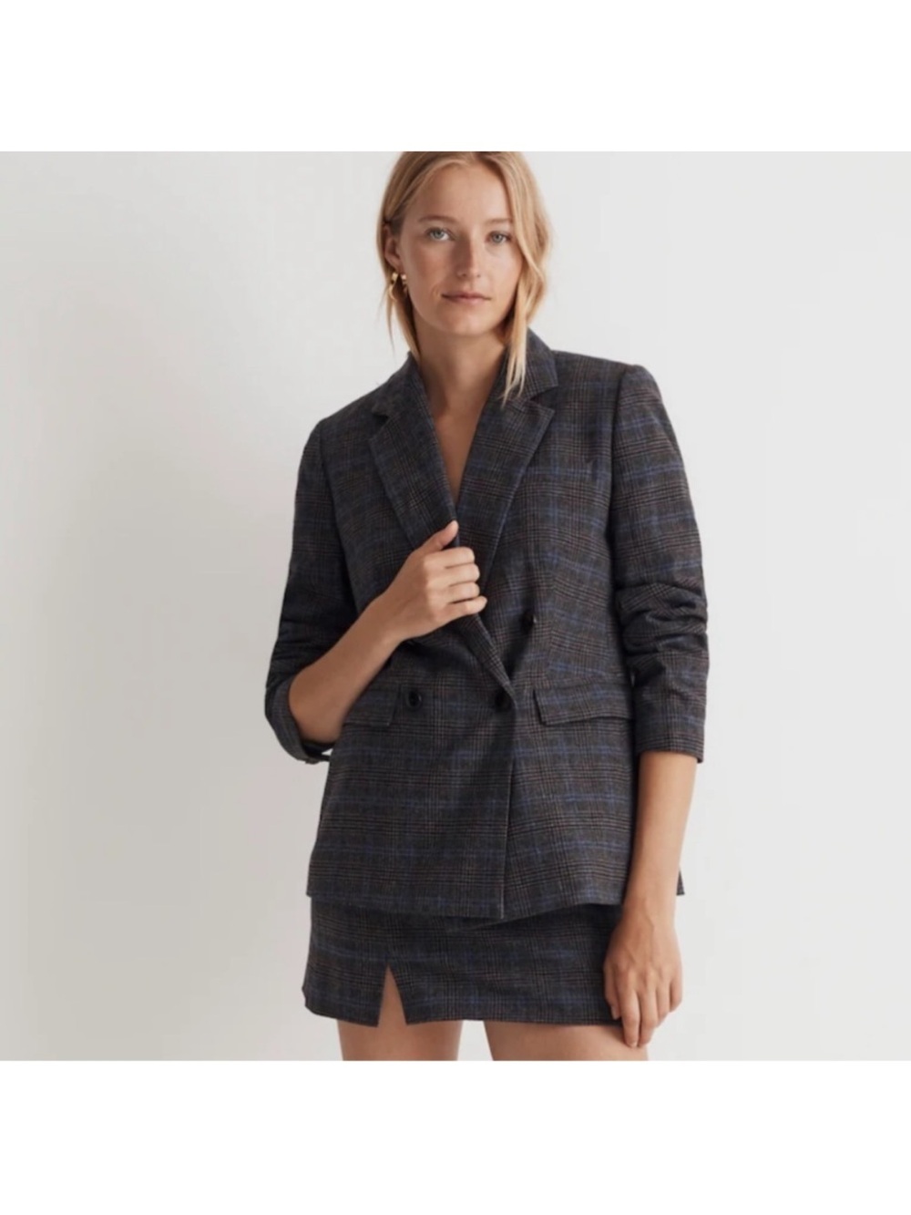 Madewell Women's Double-Breasted Plaid Blazer in Dark Gray and Blue
